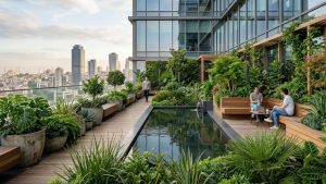 modern ofis terasında sürdürülebilir mikro-doğa tasarımı ve su öğesi